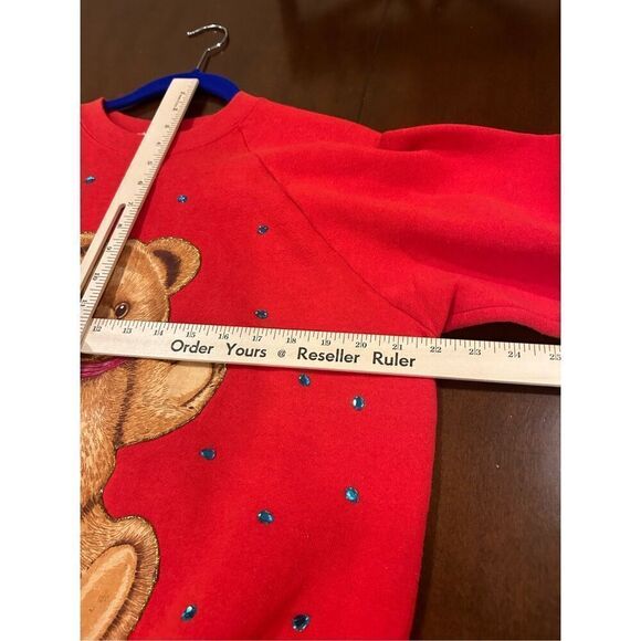 Sz L - Vintage 1990s Teddy Bear Christmas Bedazzled Sweatshirt Crewneck Red - Picture 4 of 6